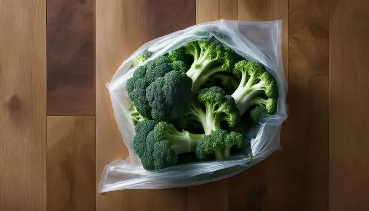 Plastic bag with broccoli on a kitchen counter
