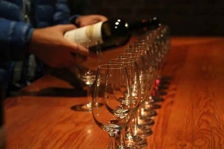 hand pouring a bottle of wine with a row of several empty wine glasses