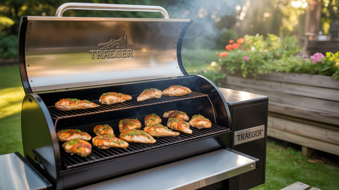 a traeger pellet grill with the lid open, with boneless chicken breasts on the grill, and smoke wafting out of the grill