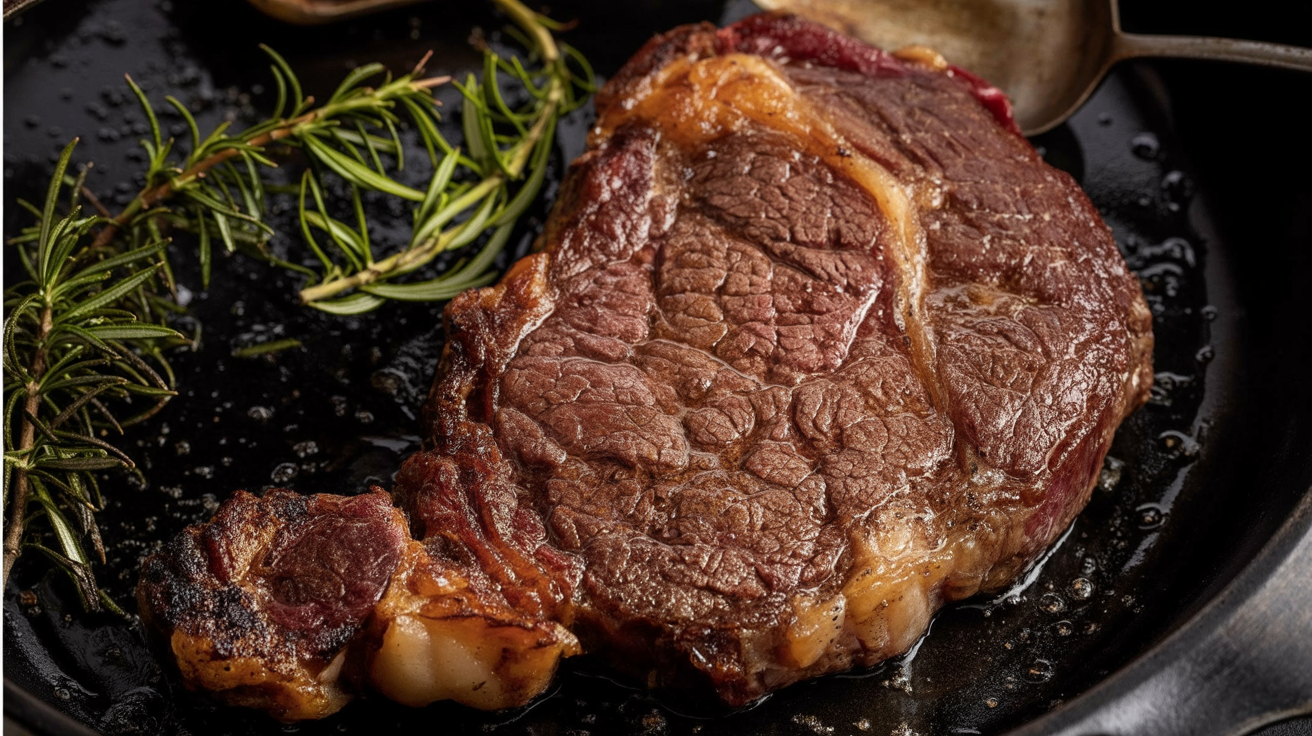 a perfectly seared ribeye steak in a black cast iron pan