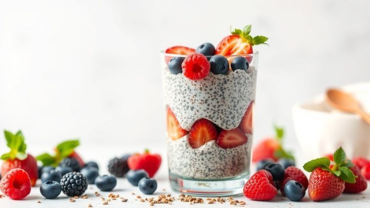 berry medley chia seed pudding in a glass