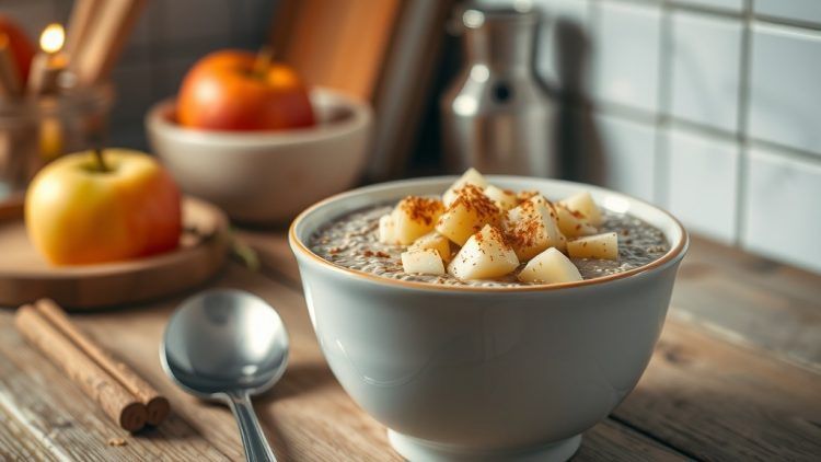a bowl of chia seed pudding with cinnamon dusted apple chunks