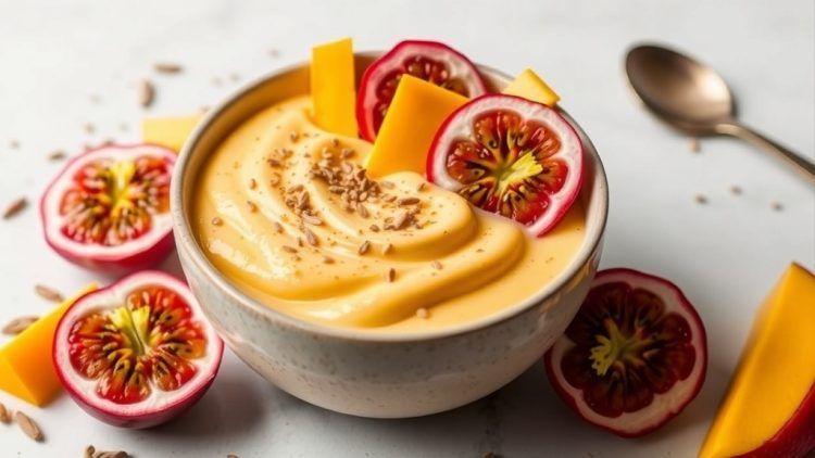 a bowl of chia seed pudding with mango chunks and passionfruit slices