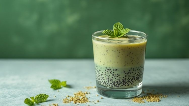a glass of matcha green tea chia seed pudding