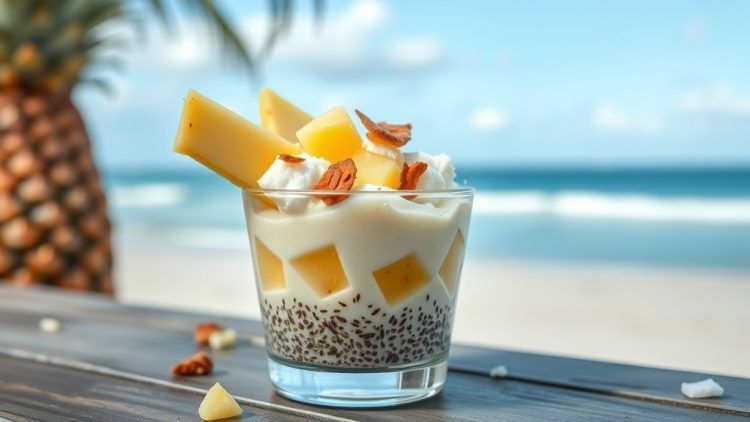 a glass of chia seed pudding with pineapple chunks and fresh coconut slices